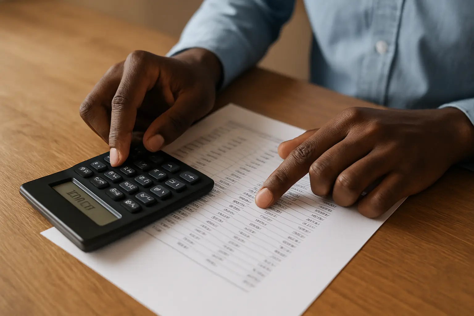 Close-up of a Nigerian accounting student cross-checking printed financial statement figures with a calculator at a desk