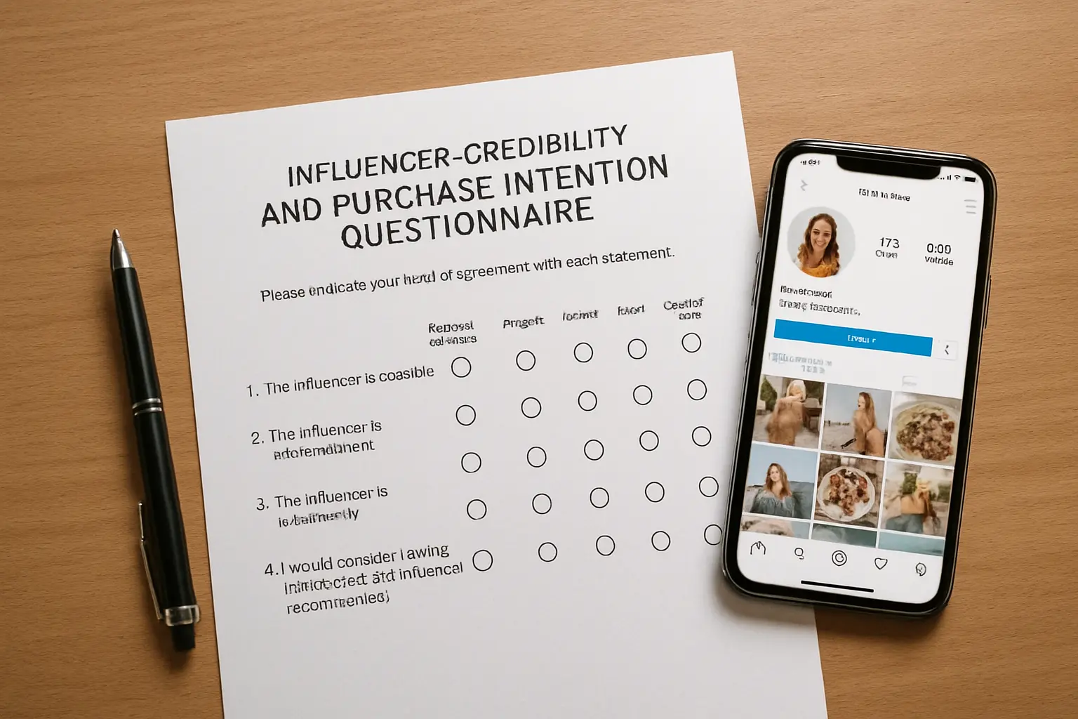 Printed questionnaire on influencer credibility and purchase intention next to a phone