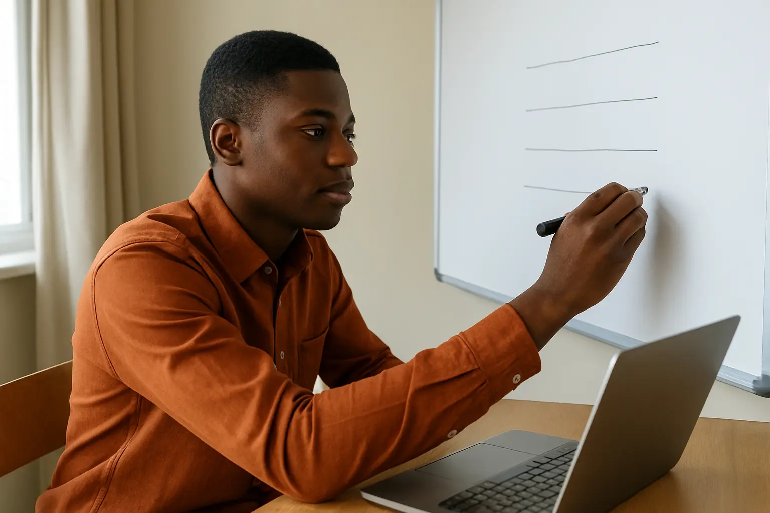 A Nigerian student writing a shortlist of project topics on a whiteboard, laptop open beside them