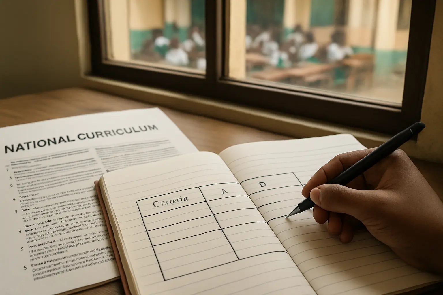 Printed national curriculum document with a hand-drawn comparison table beside it