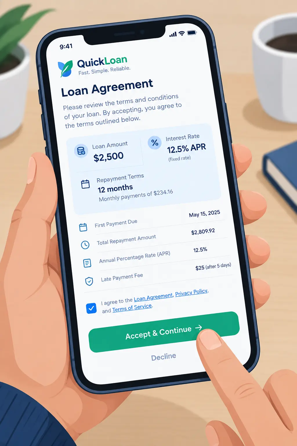 Smartphone screen showing loan terms on a digital lending app for a fintech research example