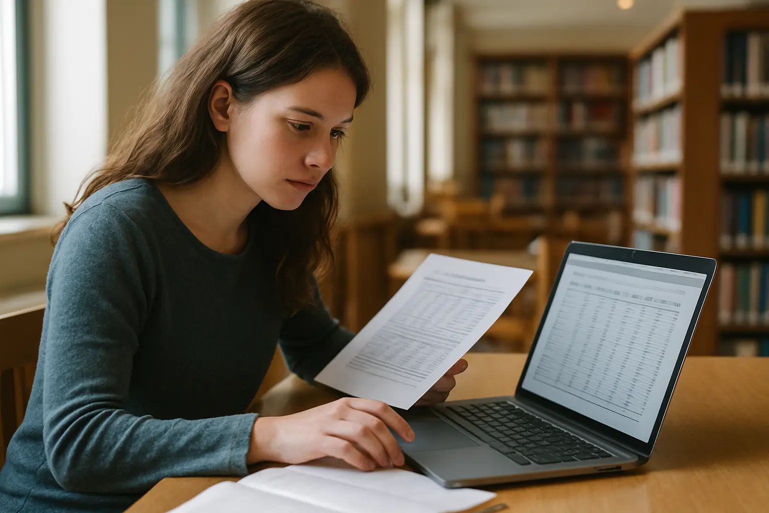 A student cross-referencing a printed government statistics bulletin with a laptop data table at a library desk