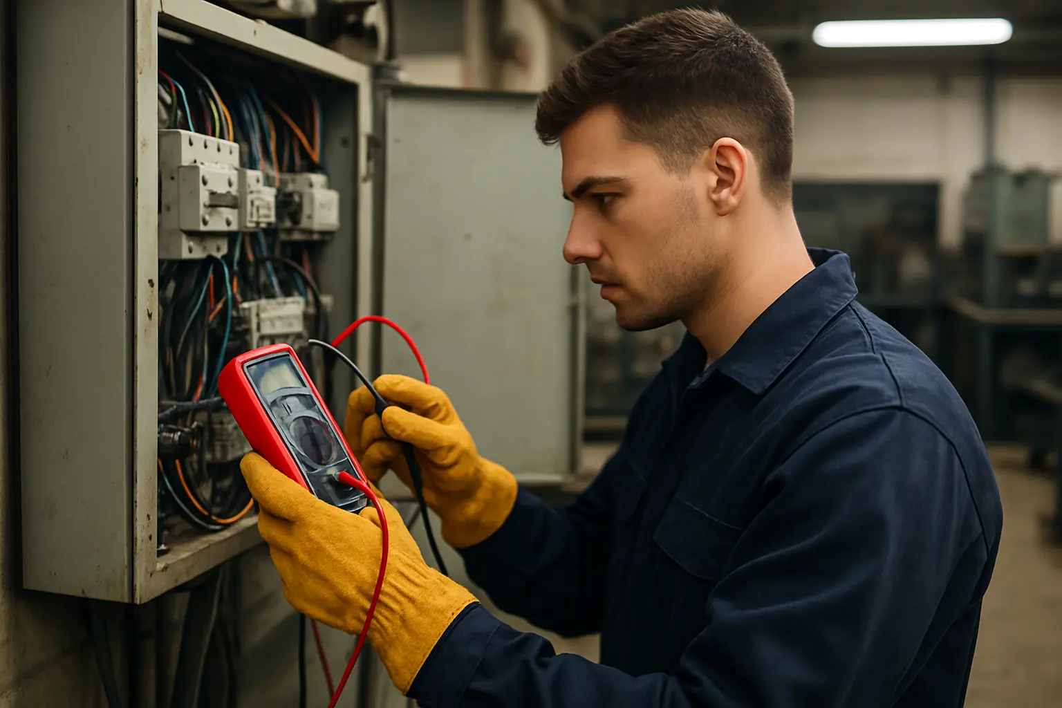 Electrical engineering student working with testing equipment on an industrial panel during SIWES placement