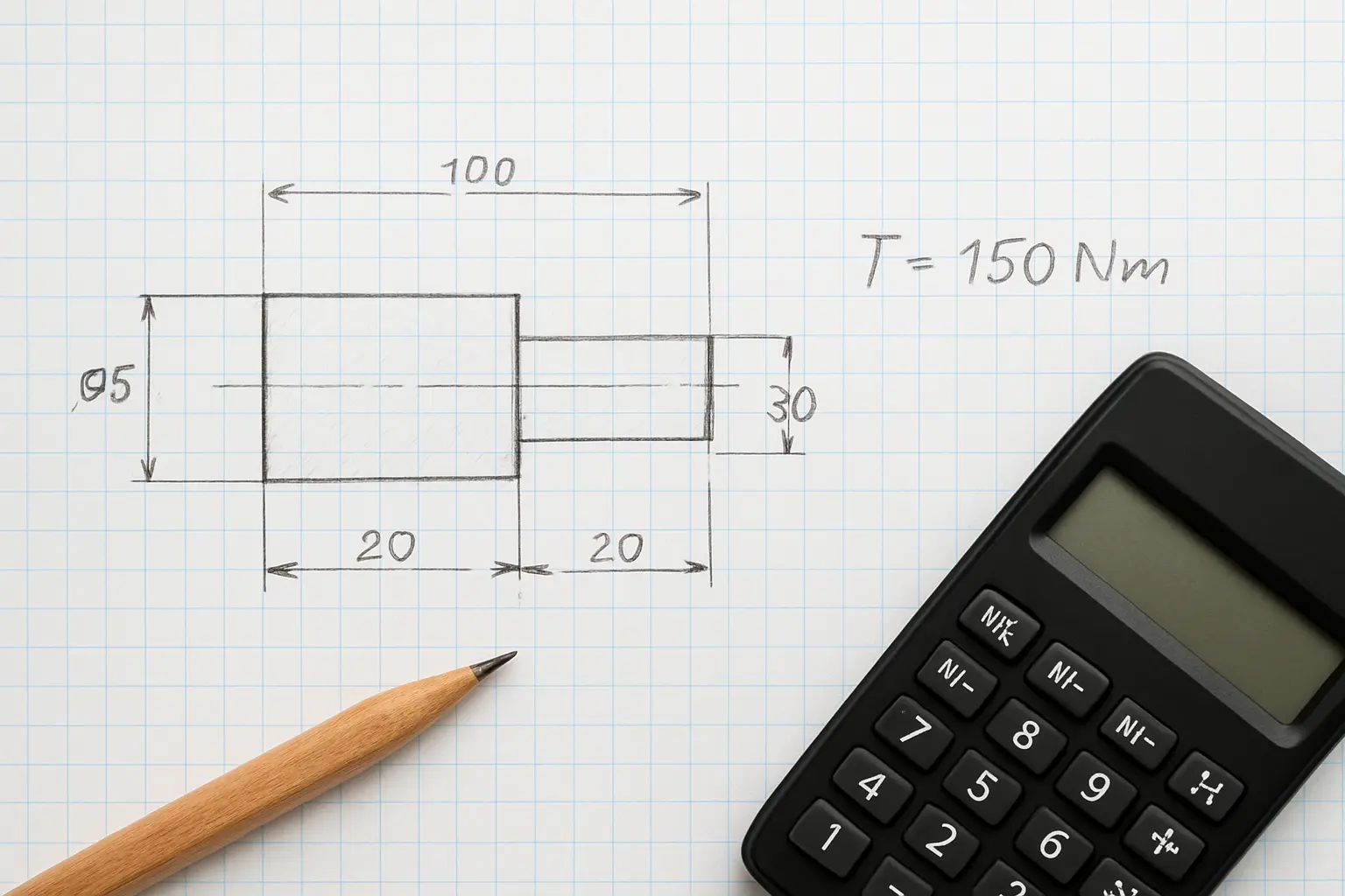 A hand-drawn shaft design sketch with dimensions and a torque calculation on graph paper