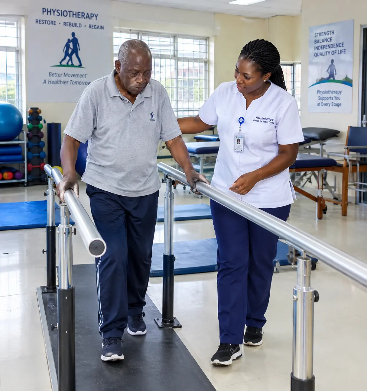 Physiotherapist supervising a patient’s gait exercise in a Nigerian hospital rehabilitation gym