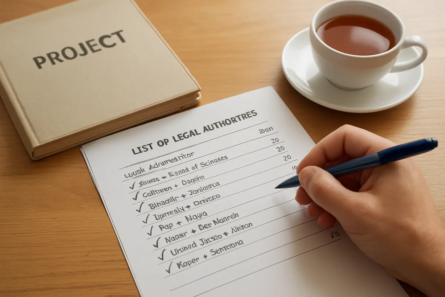 A student ticking entries on the list of cases and statutes page of a law project
