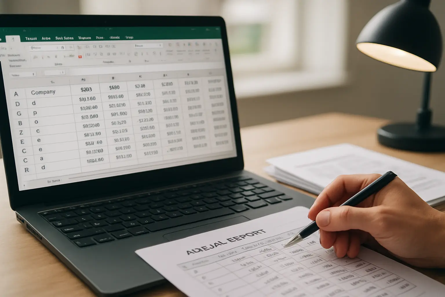 A spreadsheet of company financial data built by year from printed annual reports