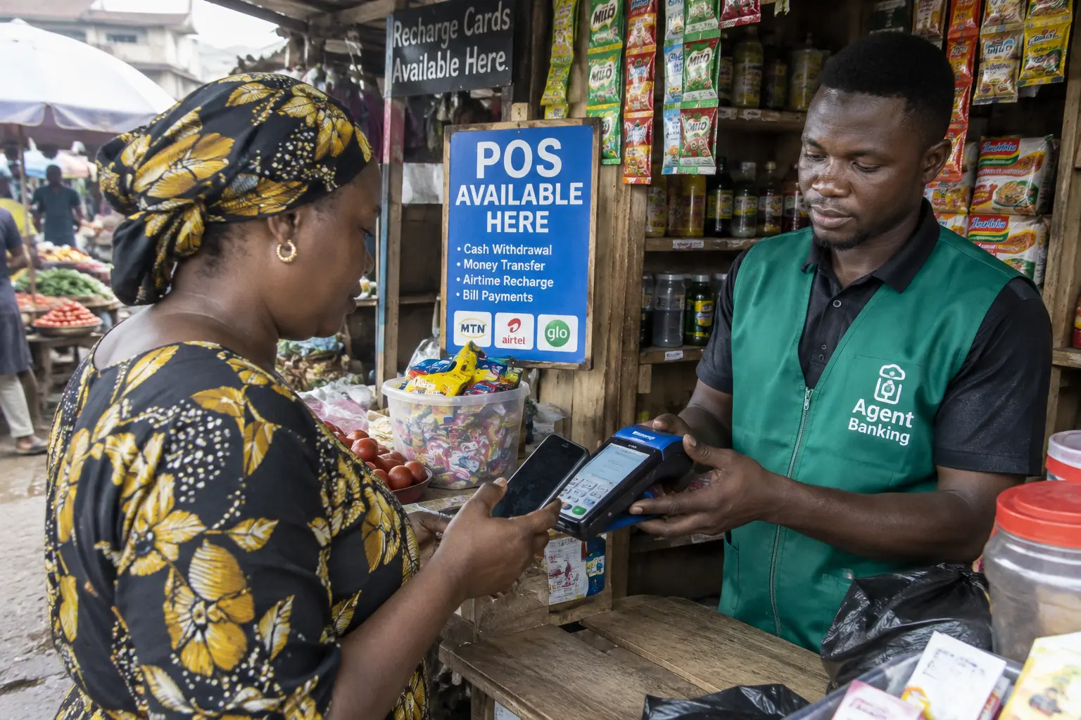 Market trader using POS agent banking, an example of a narrow fintech research angle
