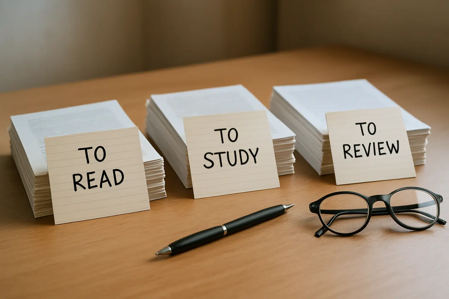 Three separate stacks of reading material representing the three parts of a literature review