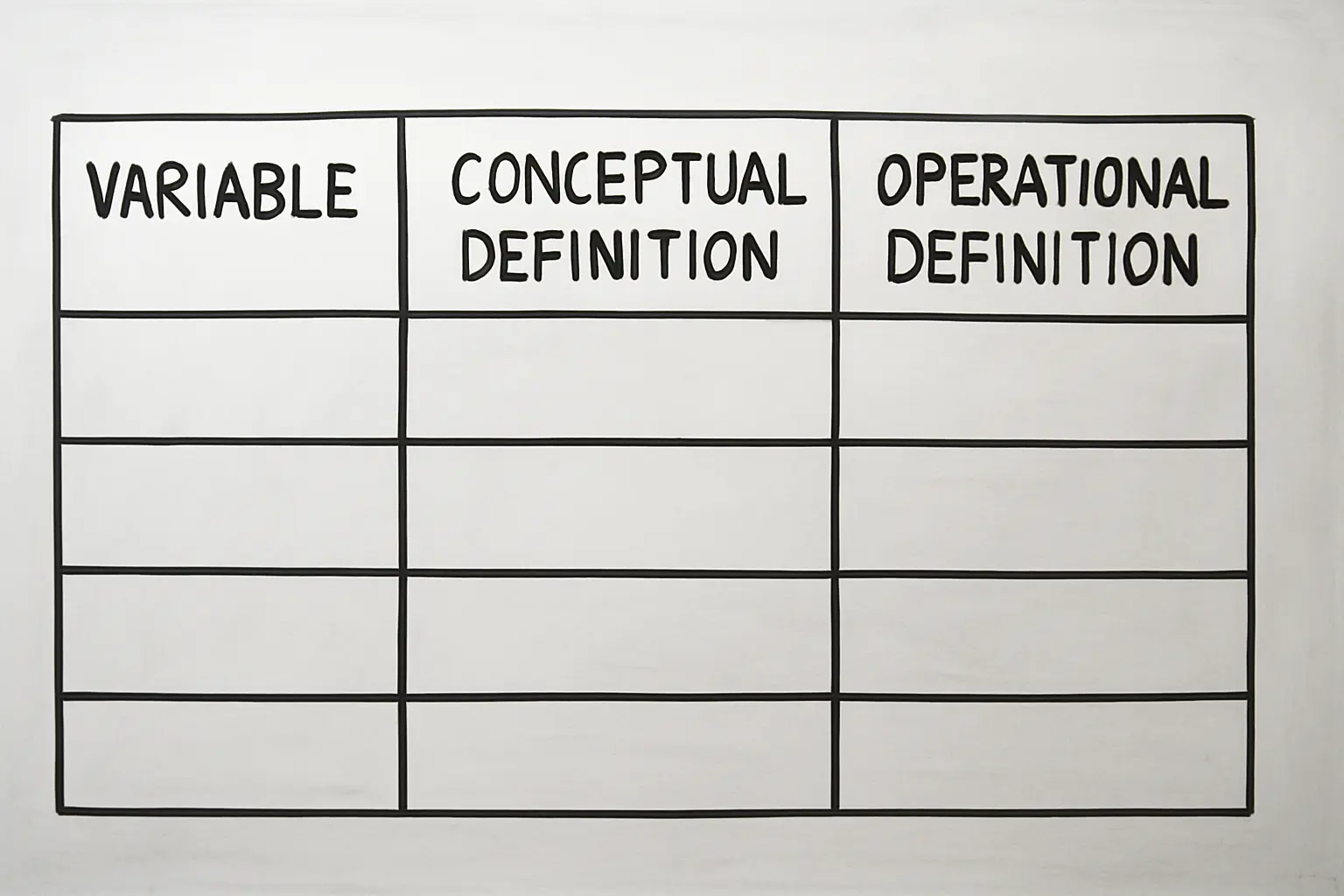 Whiteboard table showing variable, conceptual definition and operational definition columns
