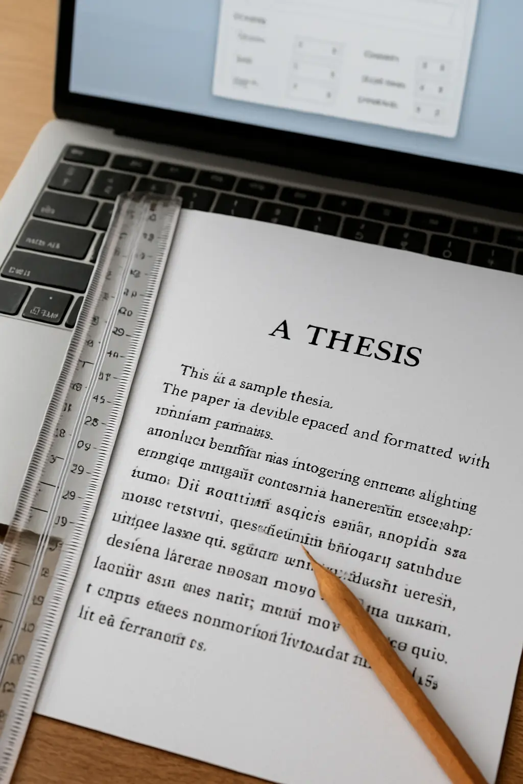 A ruler measuring the left margin of a printed A4 project page beside a laptop page setup screen