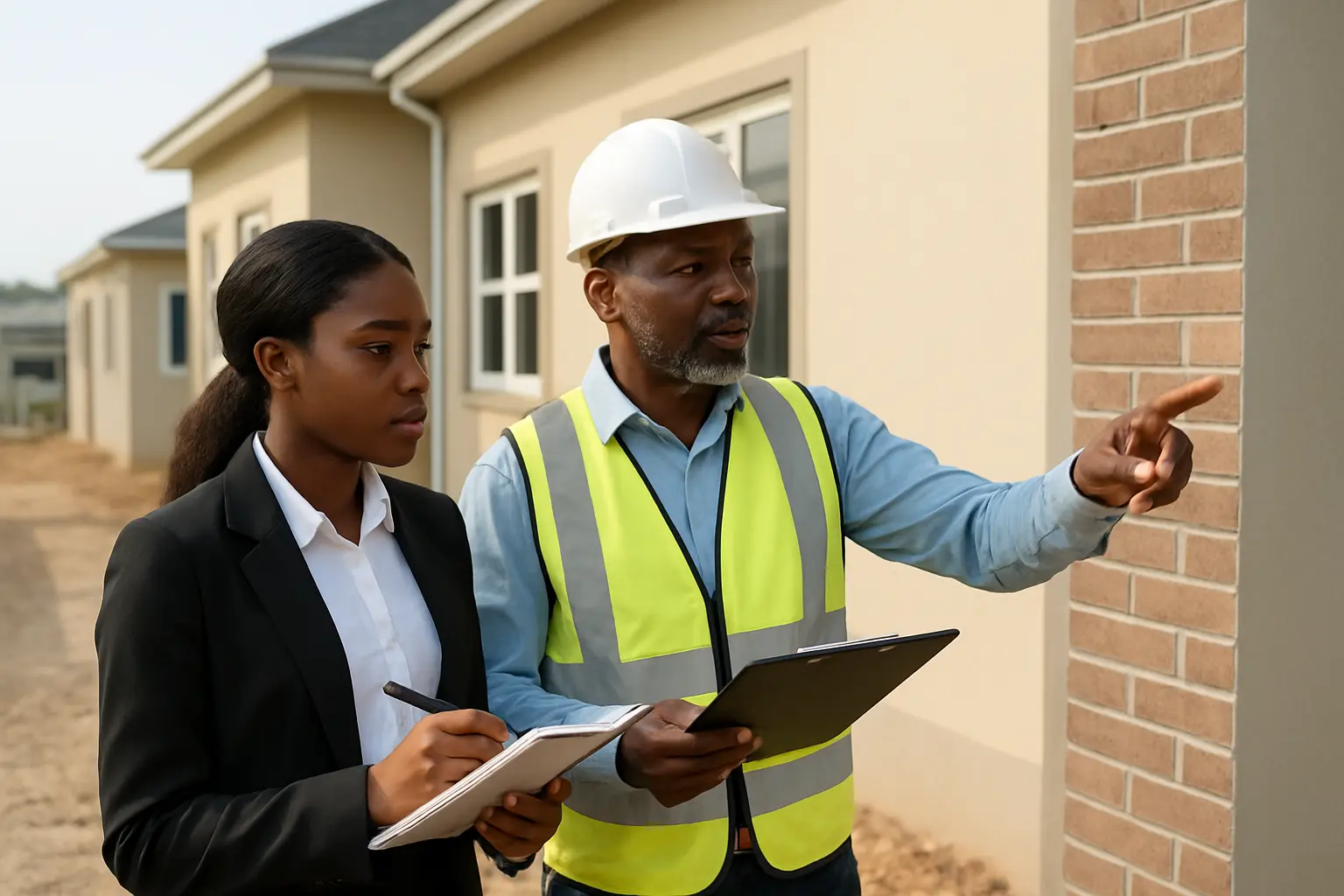 An estate management student on a property site inspection with a senior surveyor, notepad in hand
