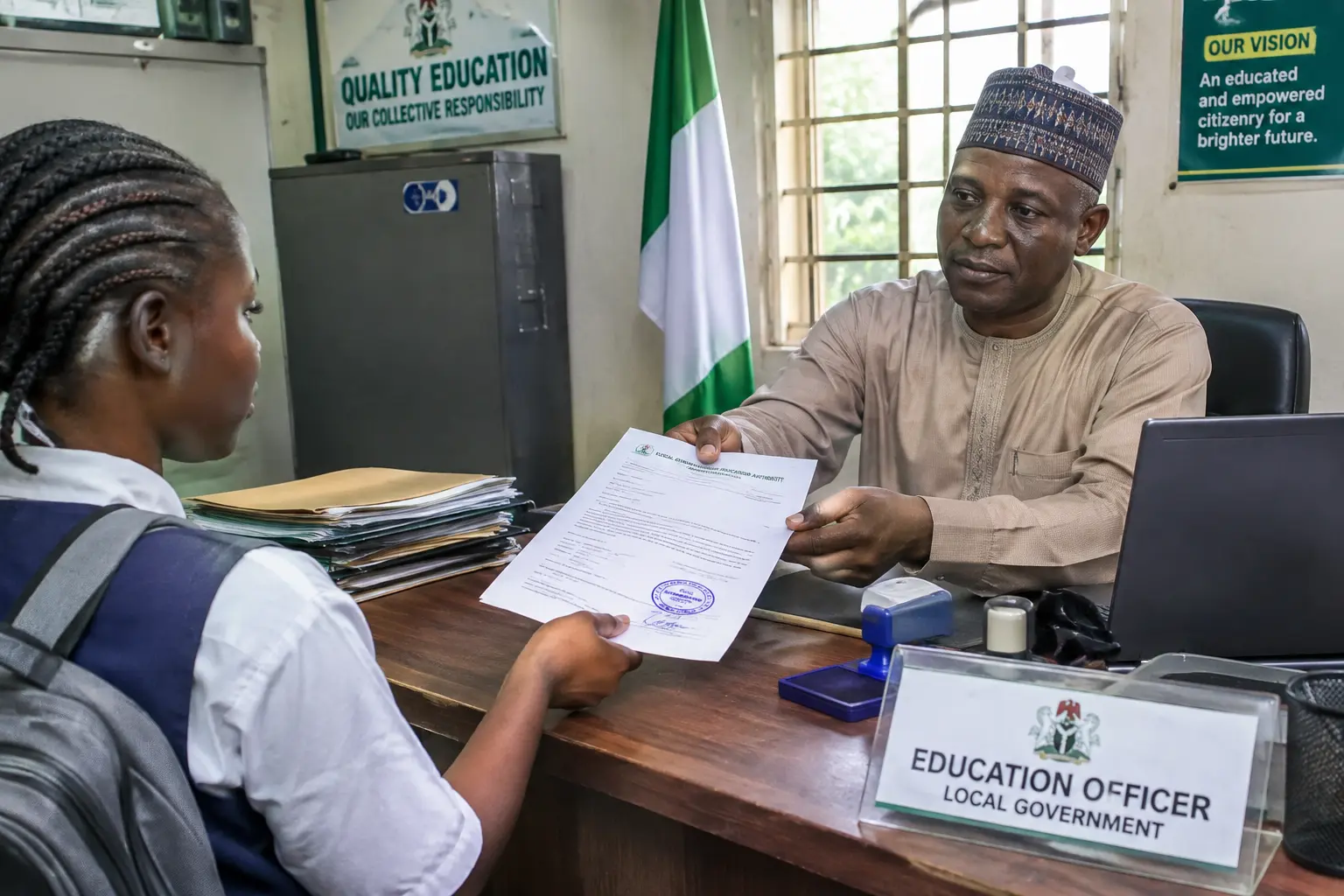 A student receiving a signed letter from a local government education authority office