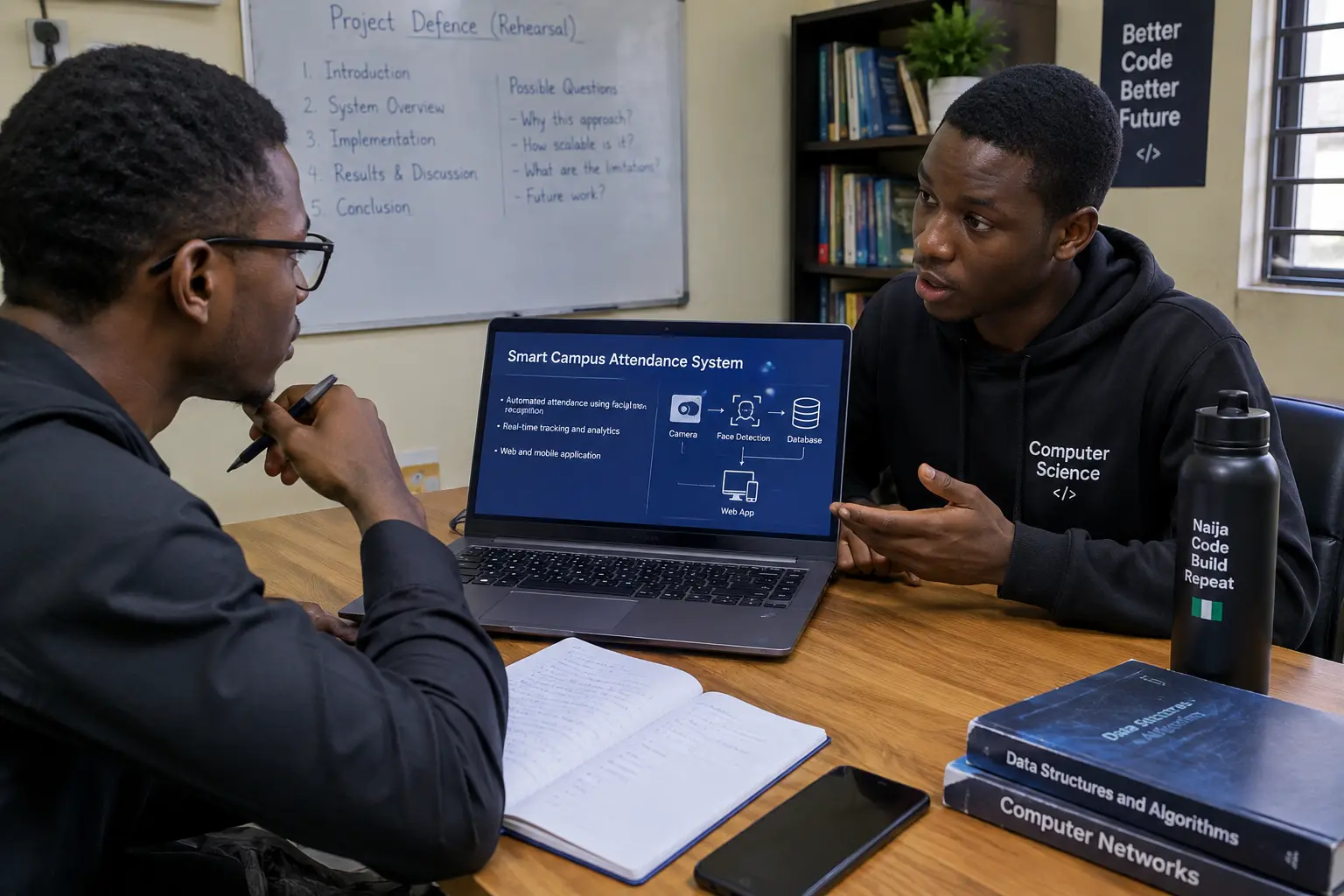 Two students rehearsing a project defence, one acting as the examiner