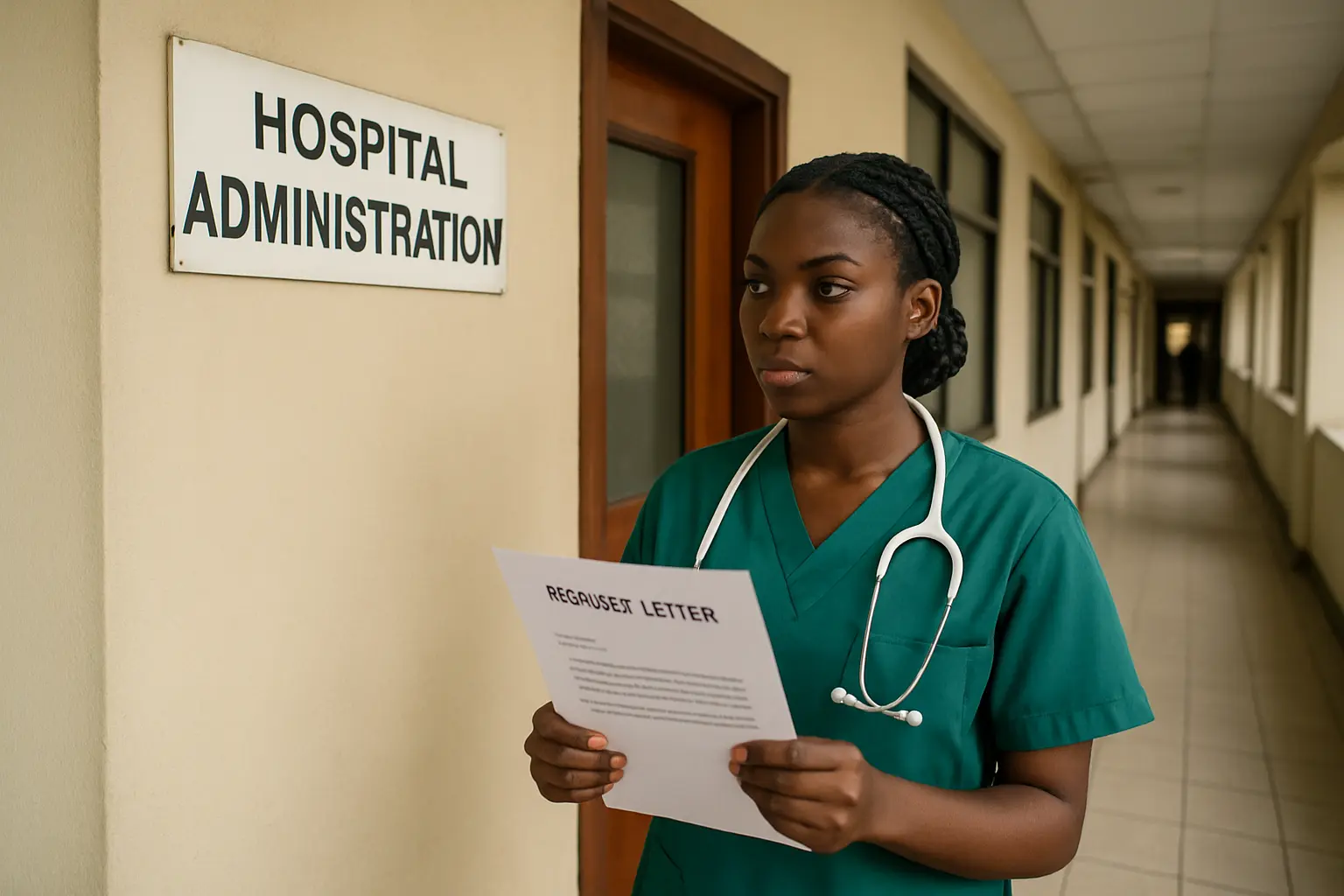 Student holding a formal request letter outside a hospital administration office