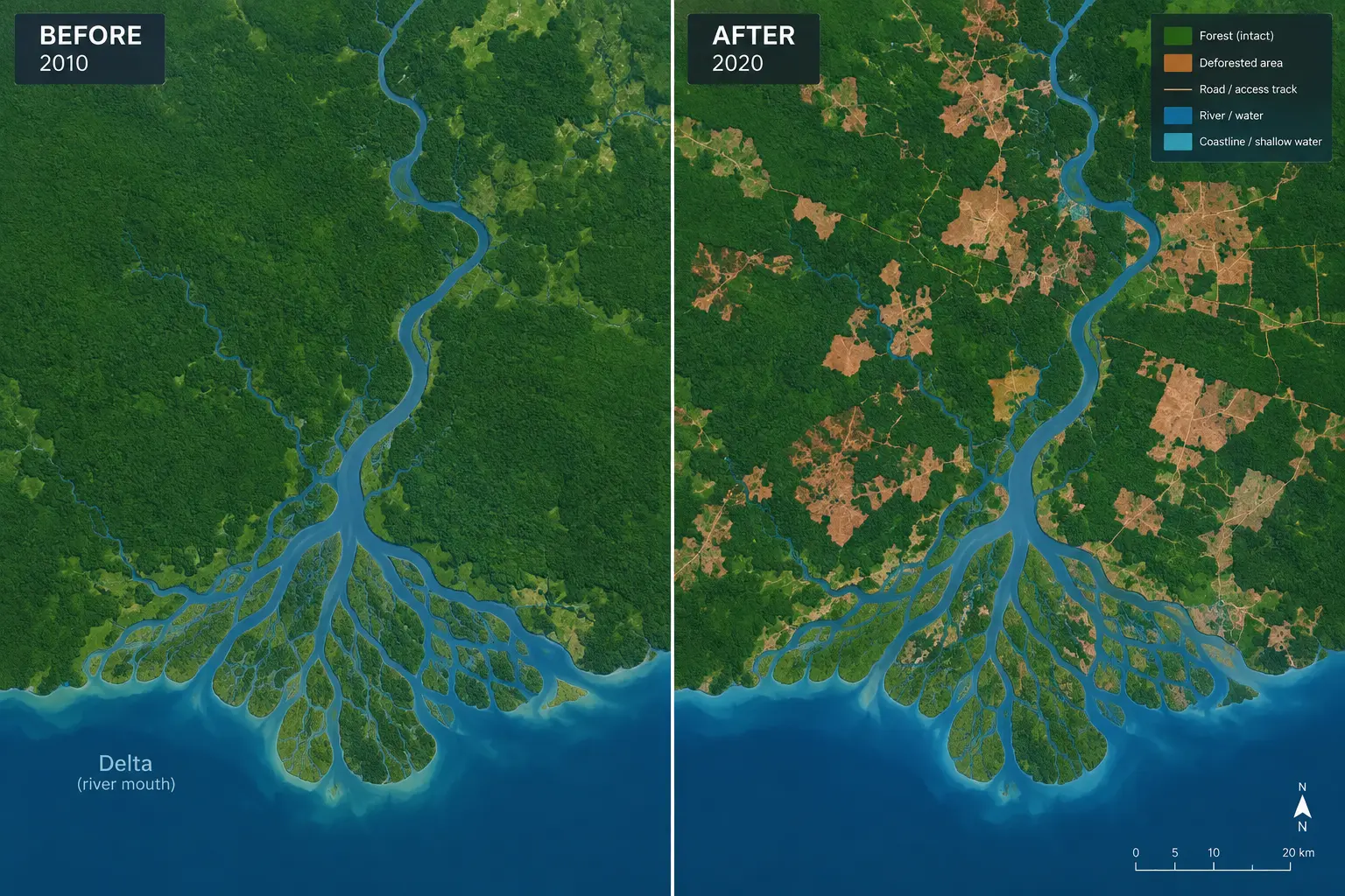Before and after satellite comparison showing deforestation change over time