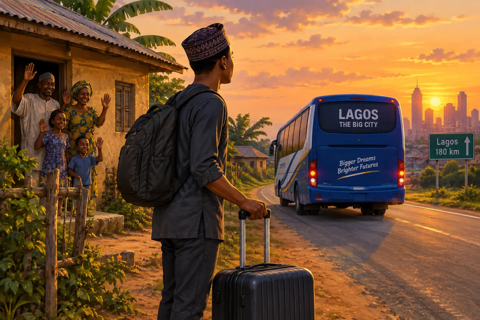 Illustration of a young adult leaving home for internal migration to Lagos