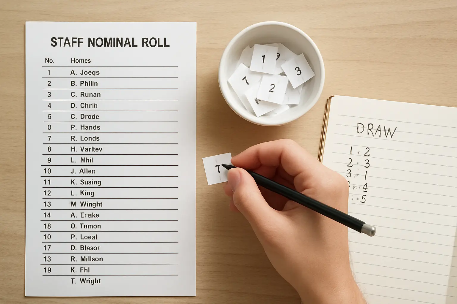 A student drawing a simple random sample from a printed sampling frame