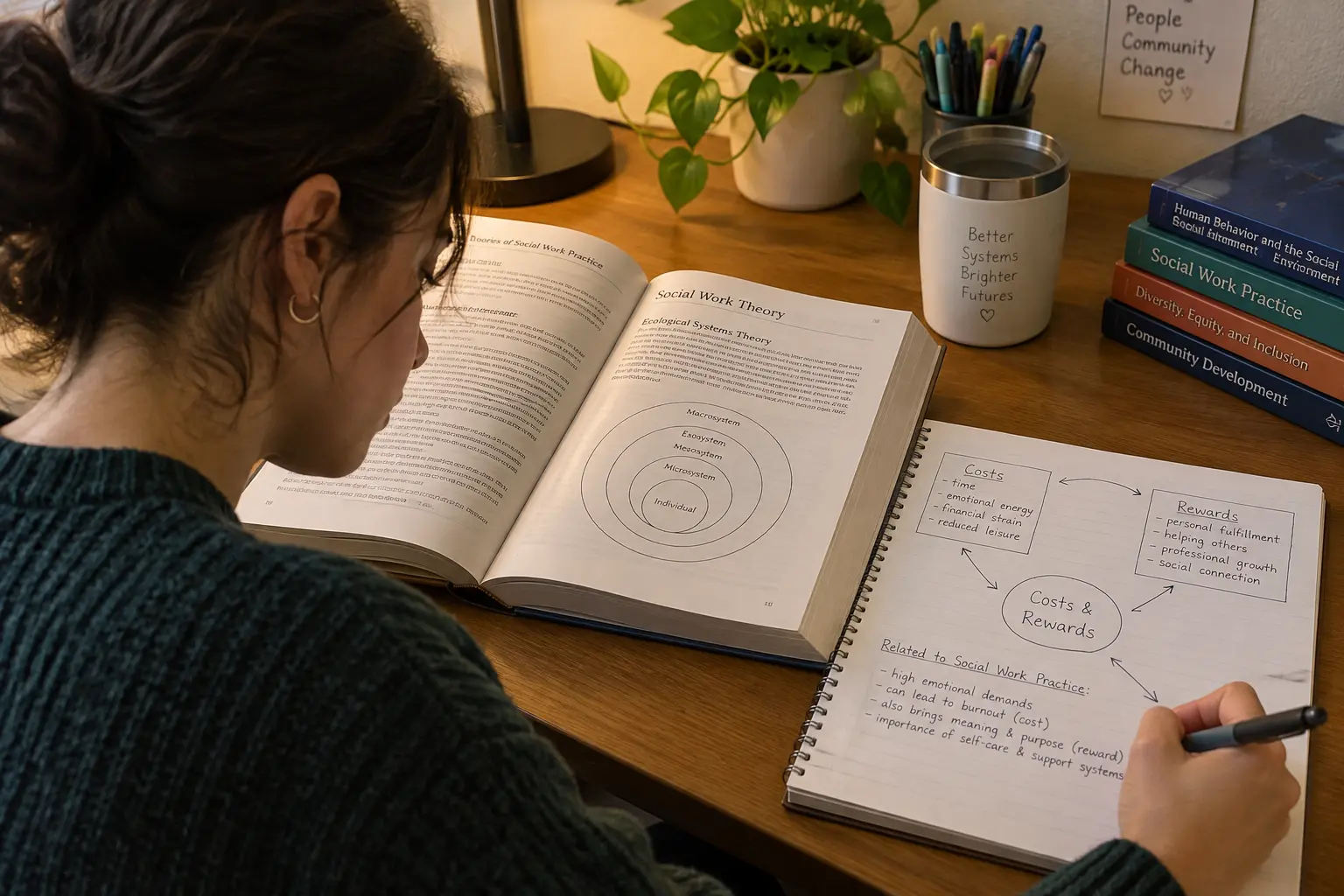 A student sketching a costs and rewards diagram while writing a theoretical framework section