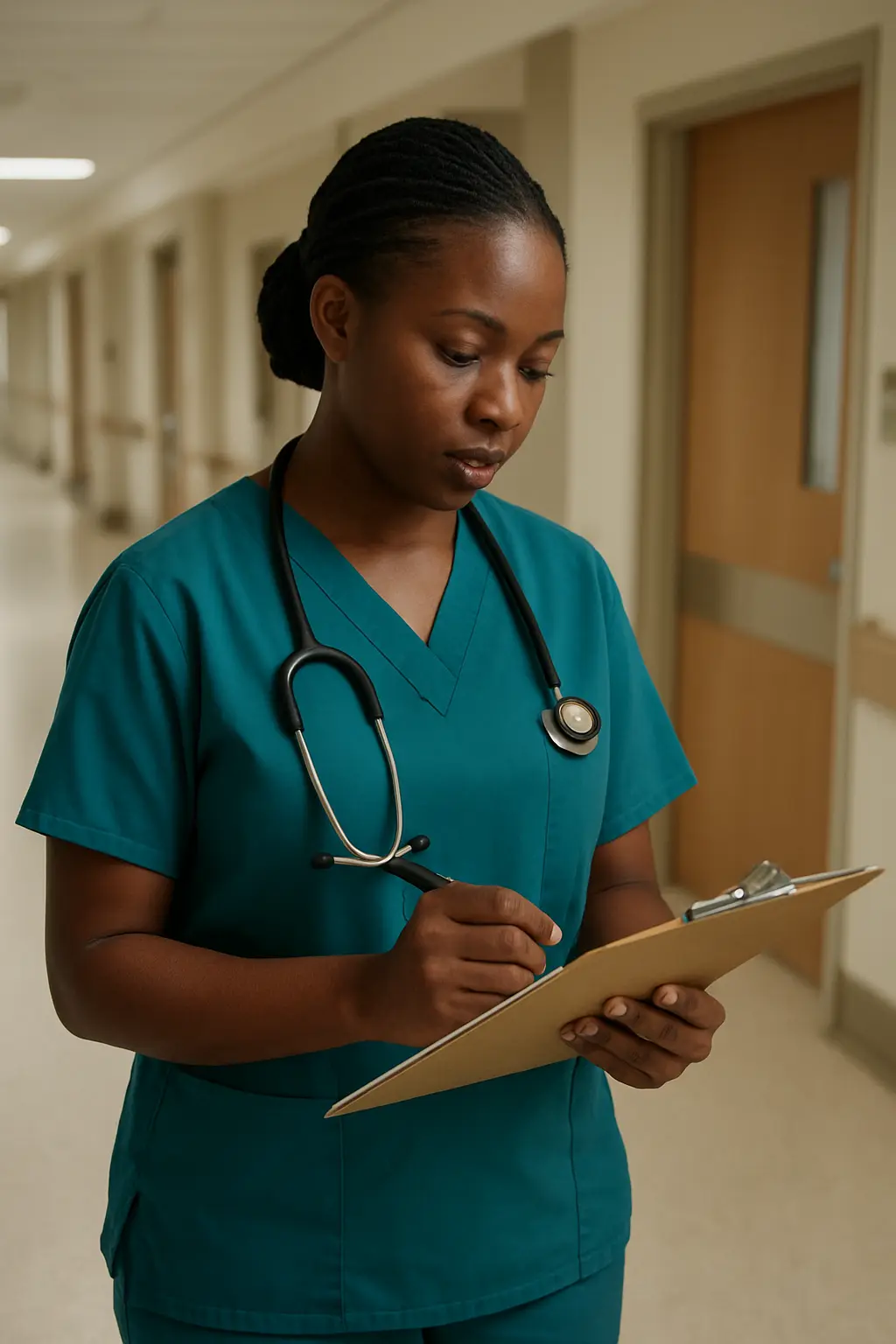 A nurse-researcher reviewing a patient eligibility checklist on a clipboard in a hospital corridor