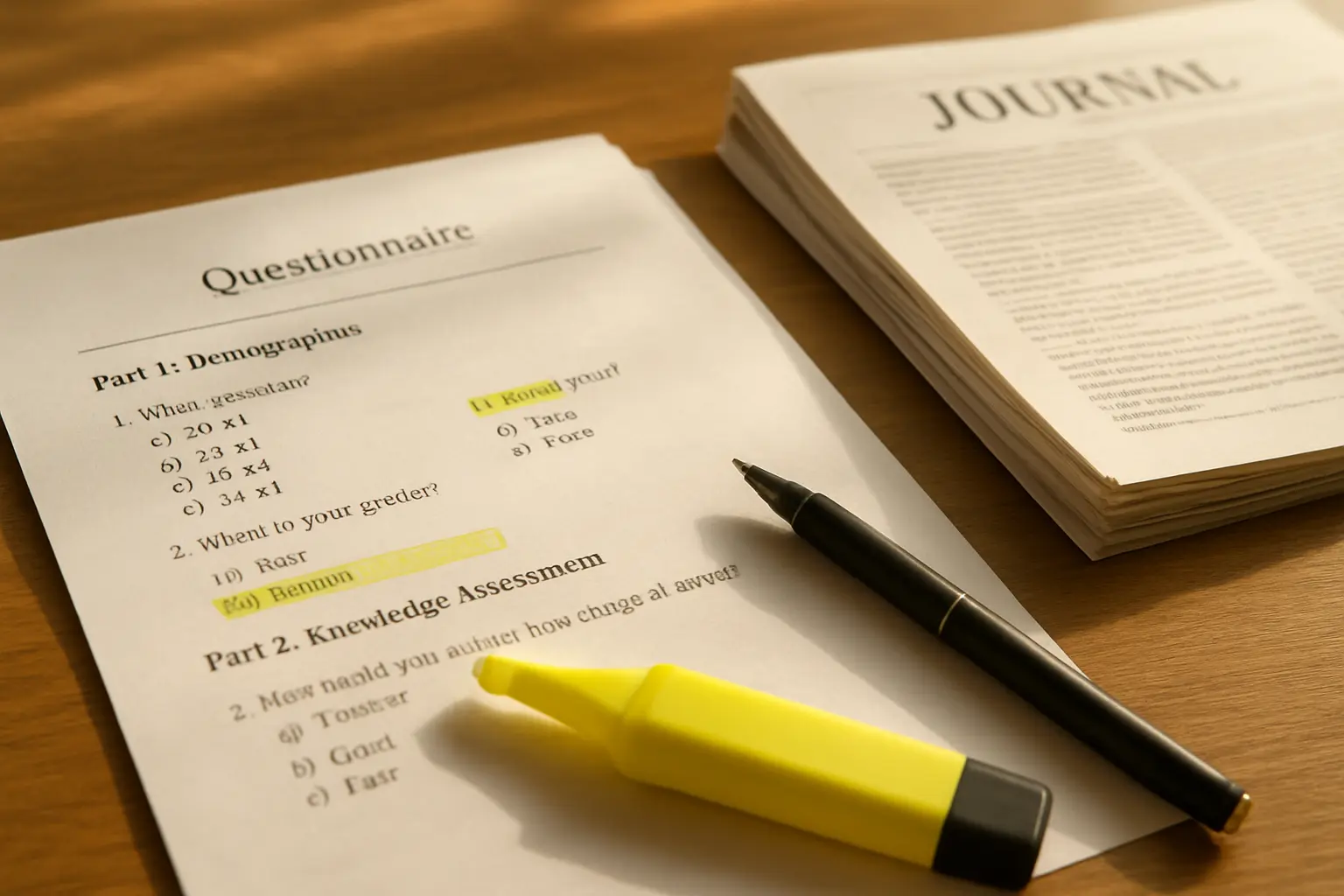 Printed validated questionnaire pages with a highlighter and pen on a desk