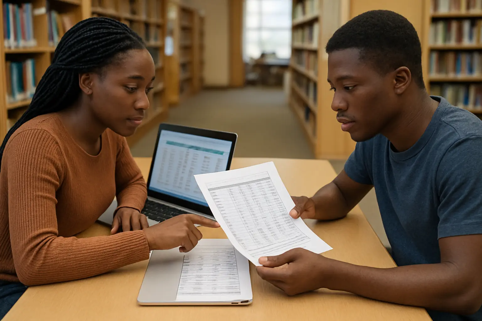 Two students comparing independently coded results for intercoder reliability