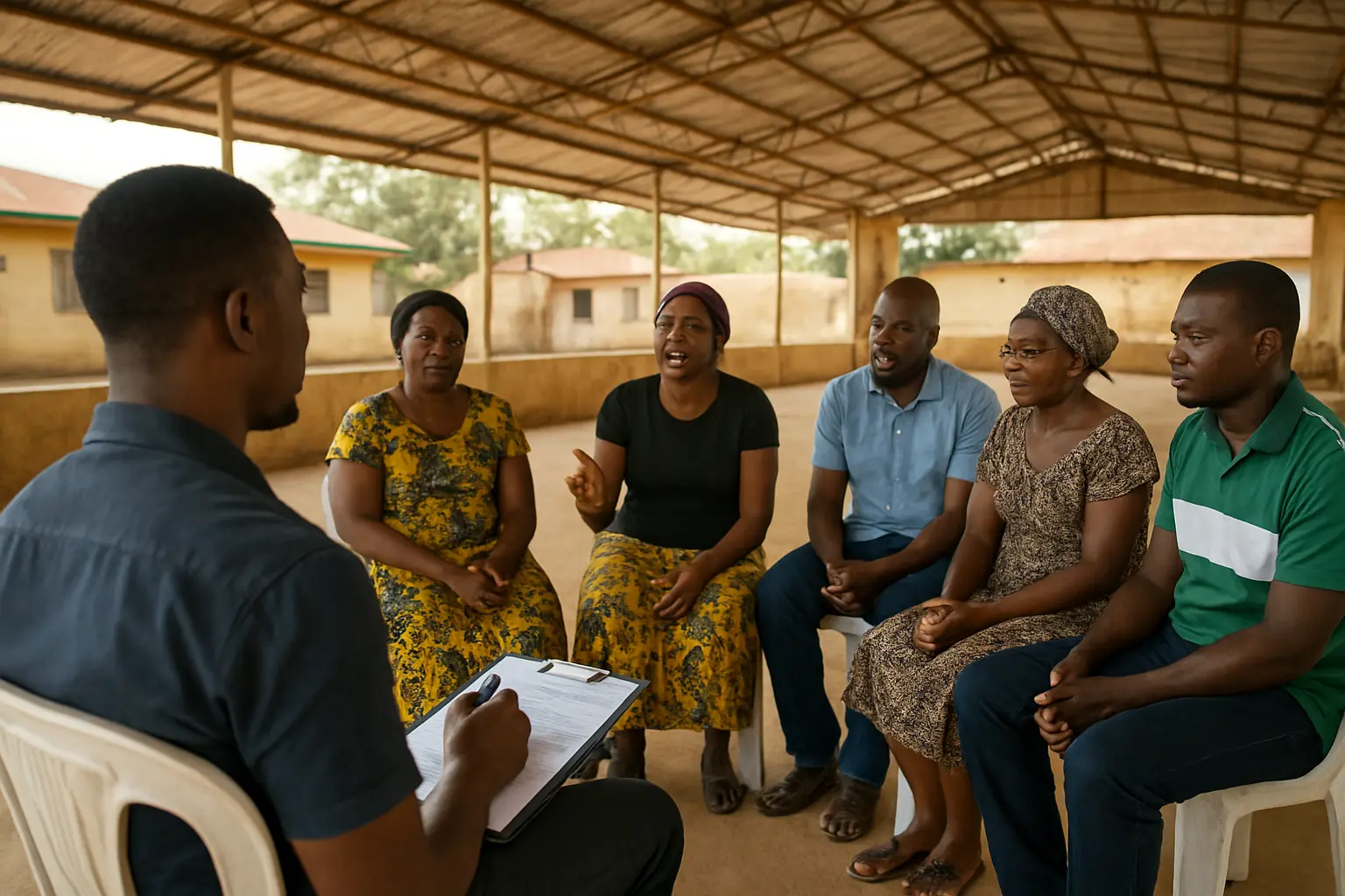 A moderator leading a focus group discussion with six participants in a Nigerian community hall
