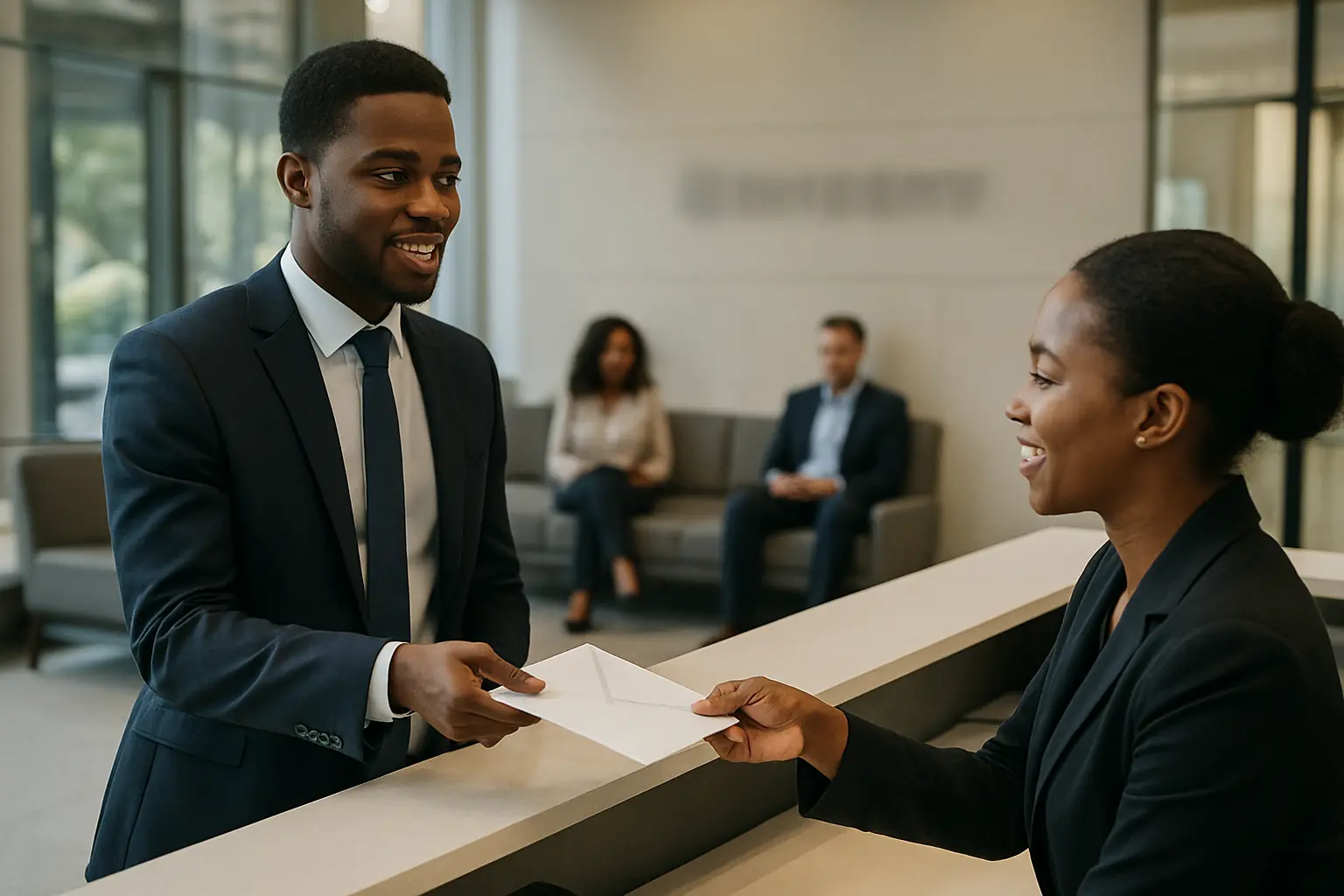A student submitting a data request letter at a company reception desk