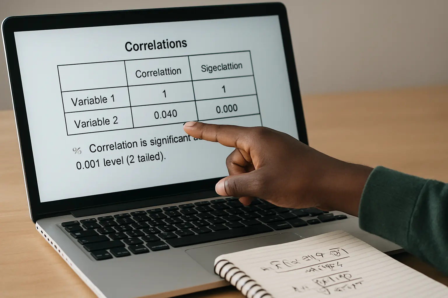 Laptop showing a statistical software correlation output table for an accounting project