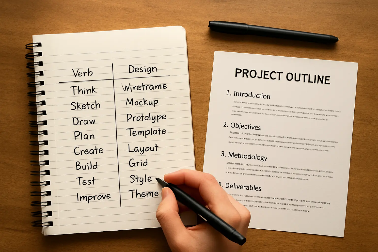 A hand-drawn table mapping objective verbs to the research design each one commits to