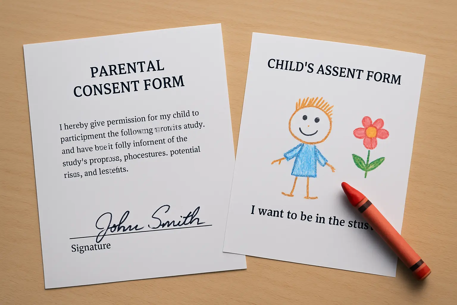 A signed parental consent form and a child's assent form on a classroom desk