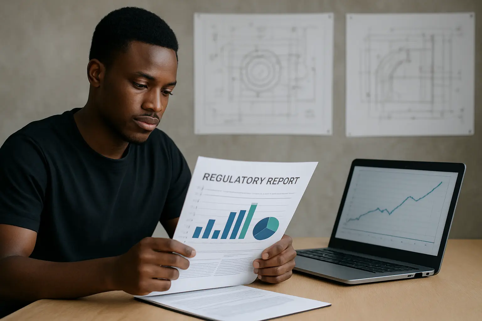 Engineering student reviewing printed regulatory reports and a laptop with a data chart