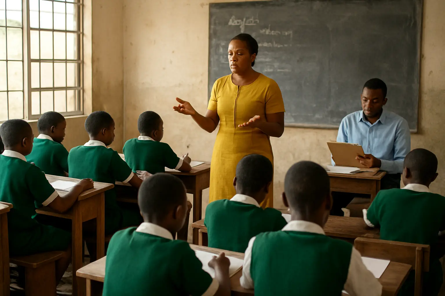 Observer filling a classroom observation rating scale in a Nigerian classroom