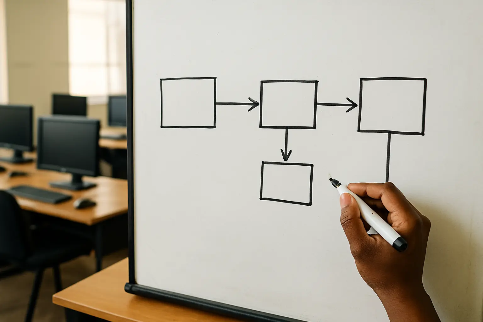 Student sketching a system architecture diagram on a whiteboard in a university computer lab