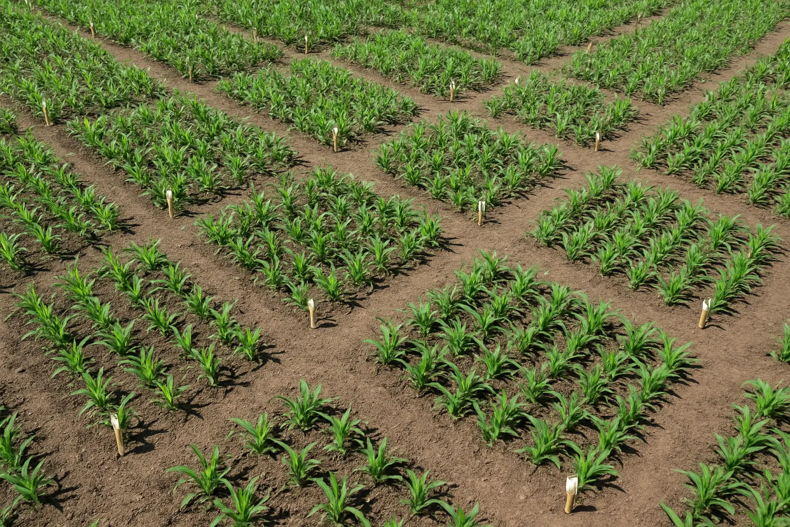Overhead view of a field trial with labelled treatment plots arranged in blocks