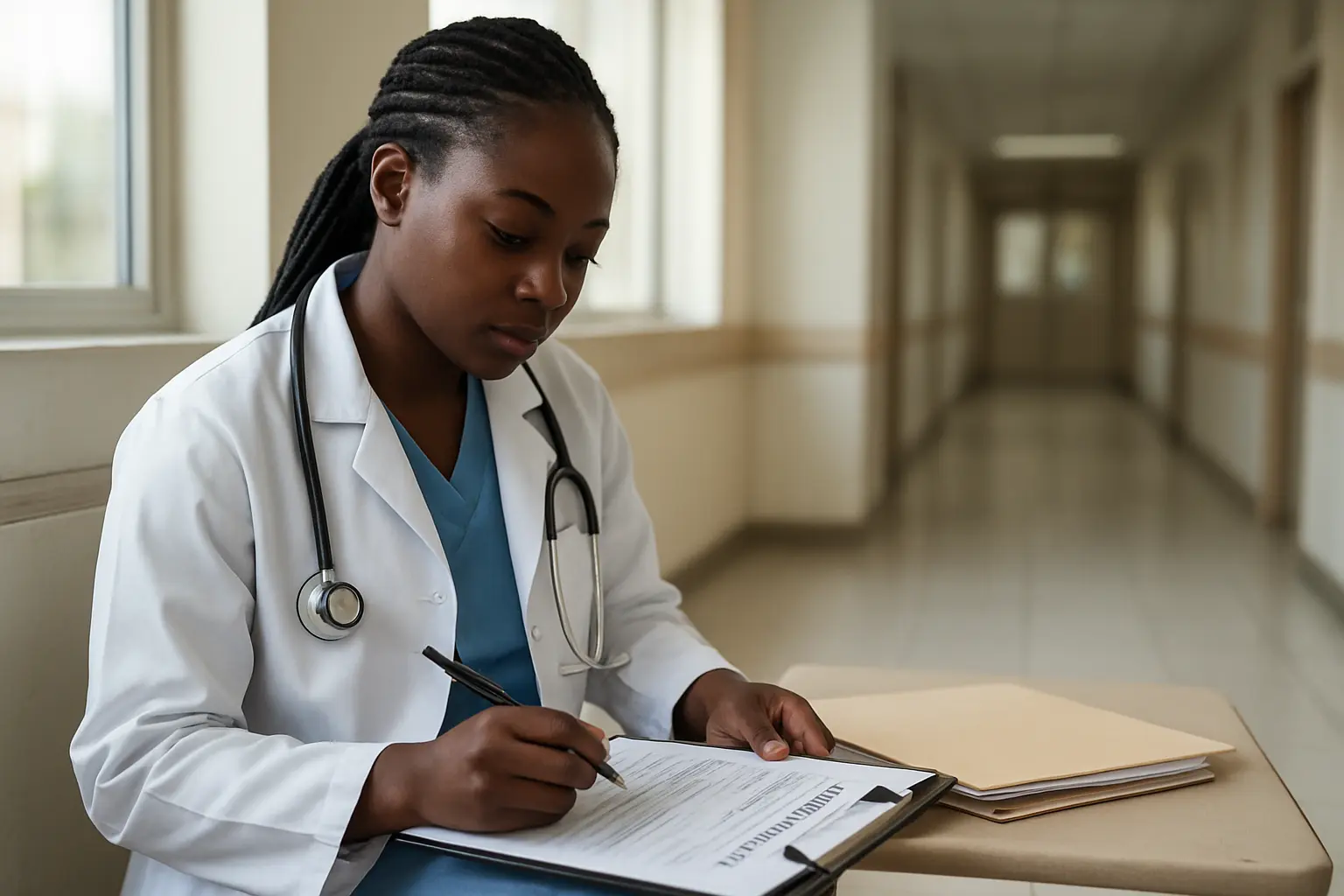 Nigerian nursing student filling out an ethics approval application form in a hospital corridor
