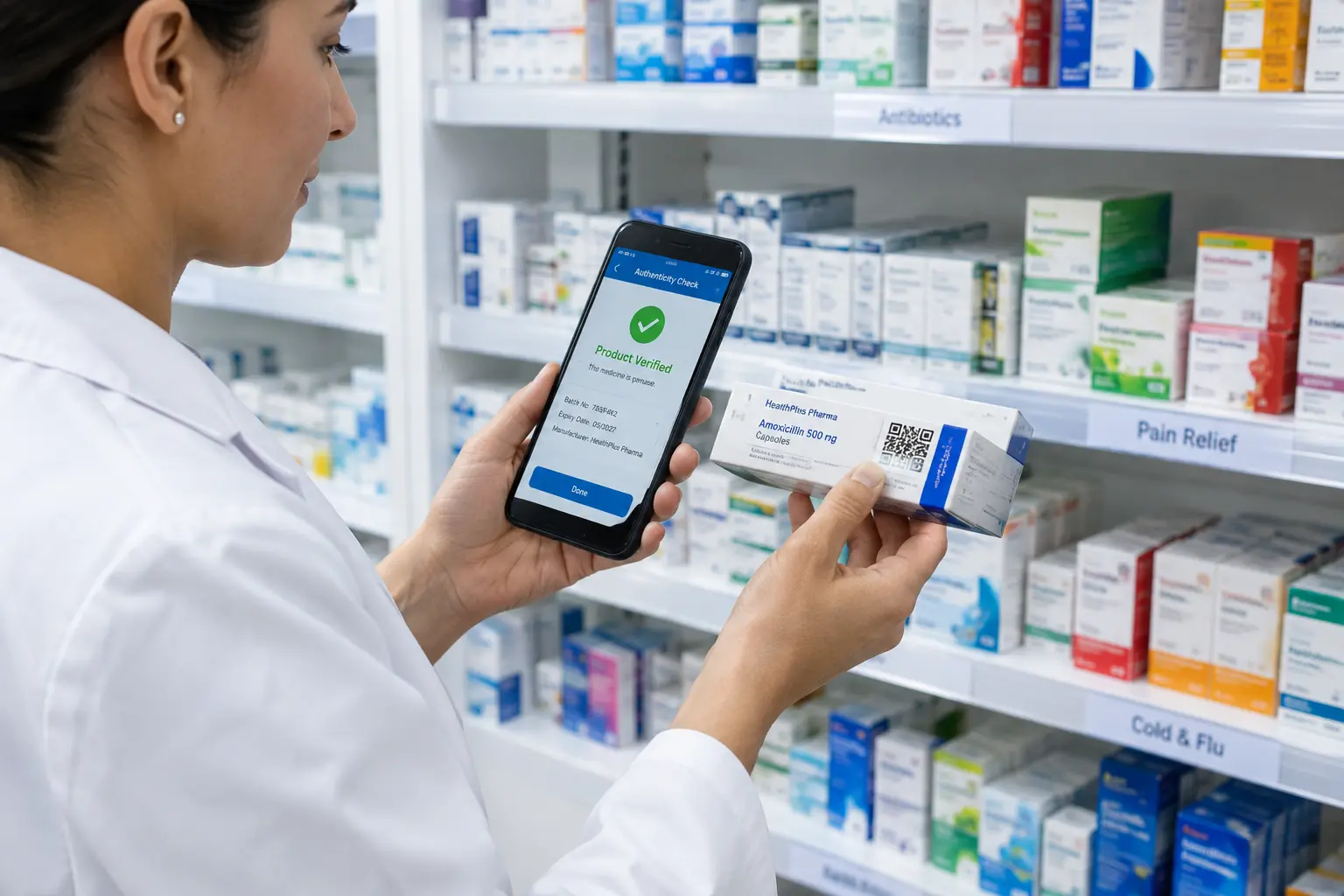 Pharmacist verifying a medicine package for authenticity using a mobile authentication service