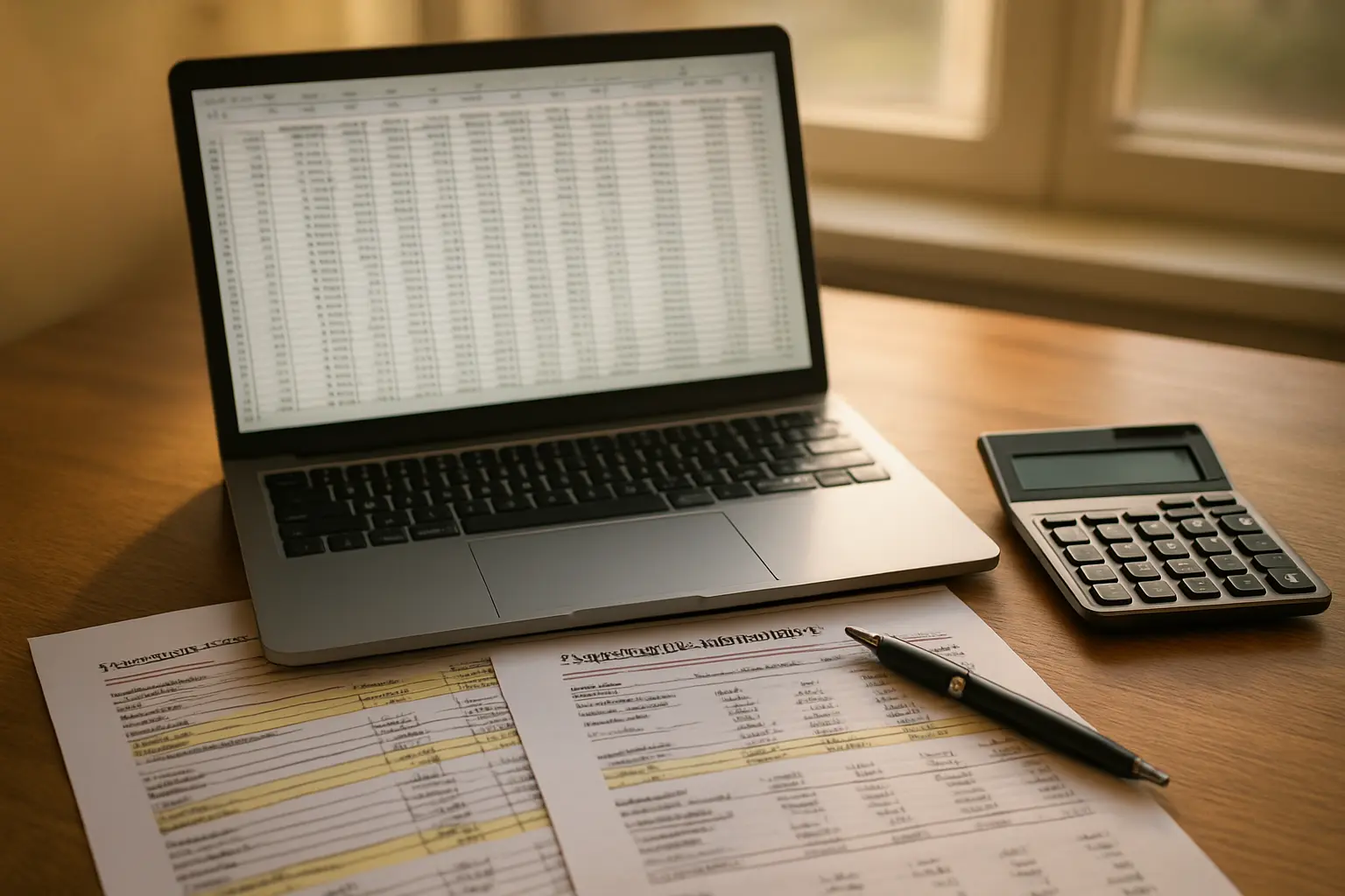 Accounting student's desk with a laptop spreadsheet, printed financial statements and a calculator
