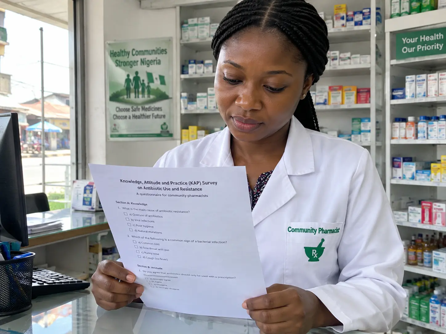 A community pharmacist reviewing a printed KAP survey questionnaire at a pharmacy counter