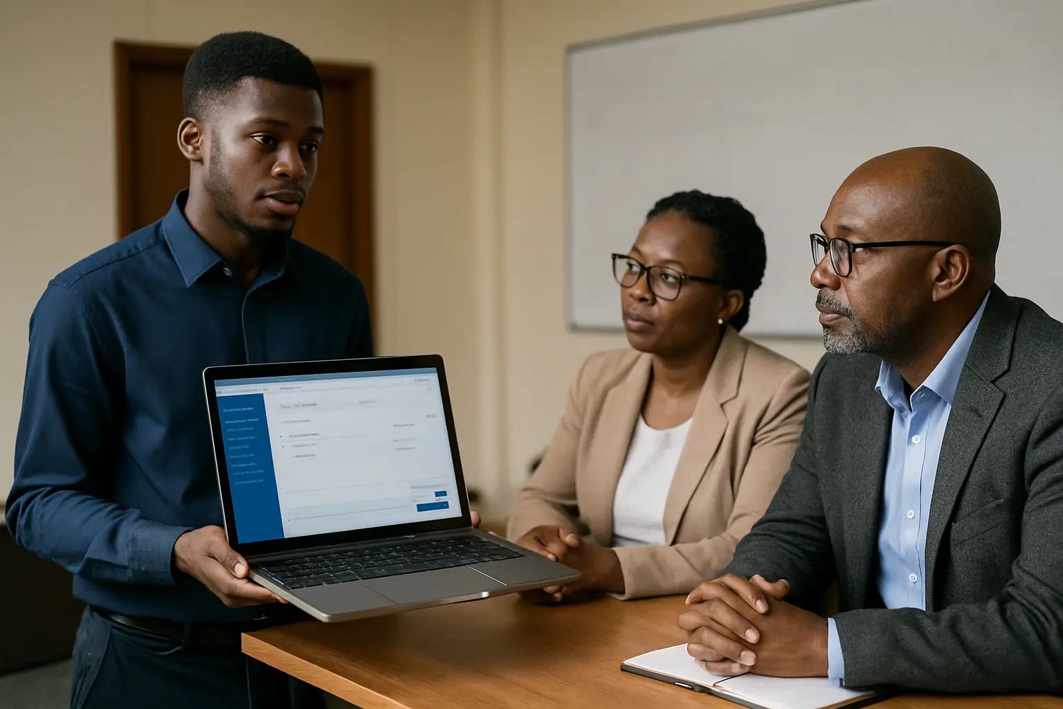 Student demonstrating a software application to examiners at a project defence