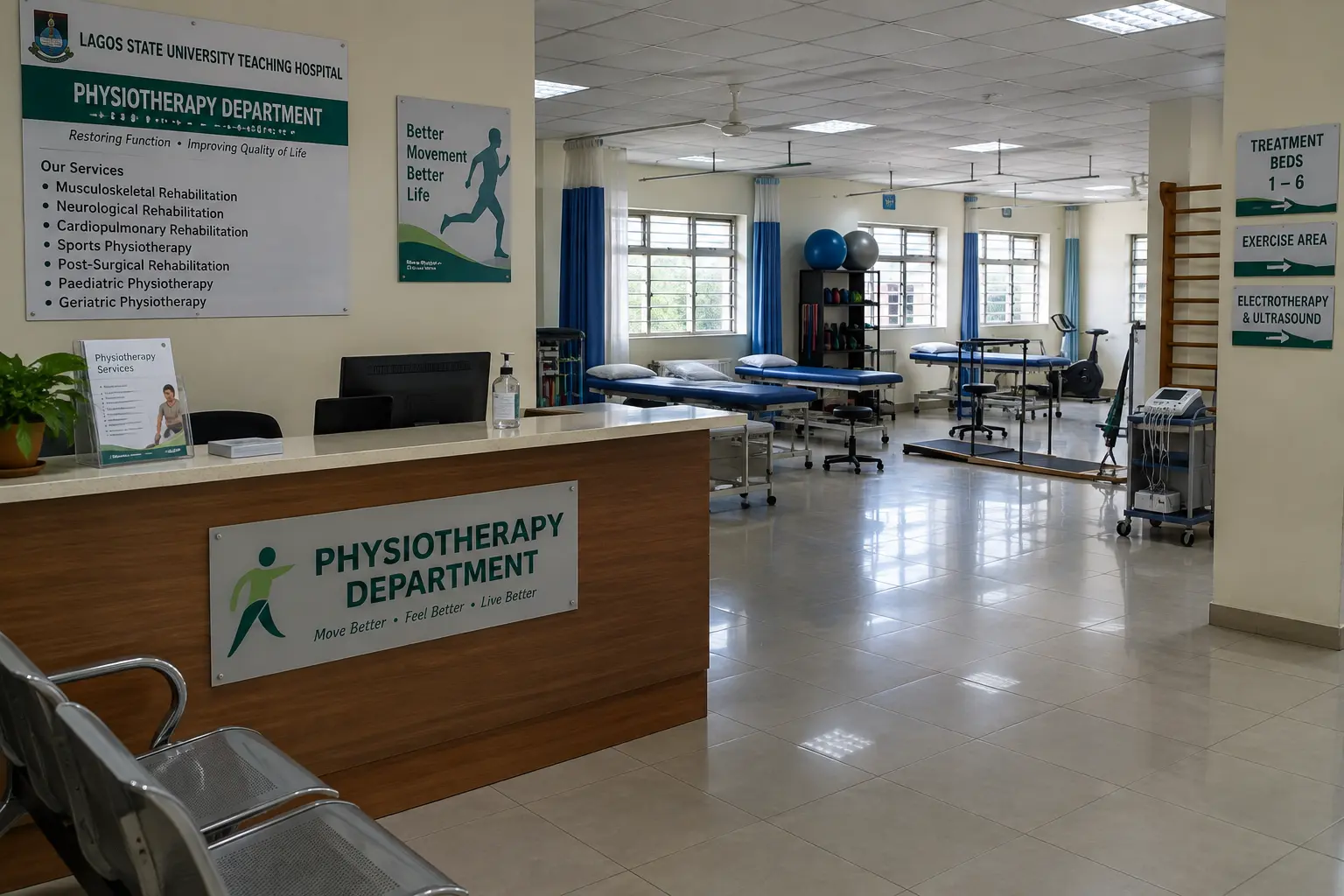 A hospital physiotherapy department treatment area with beds and equipment