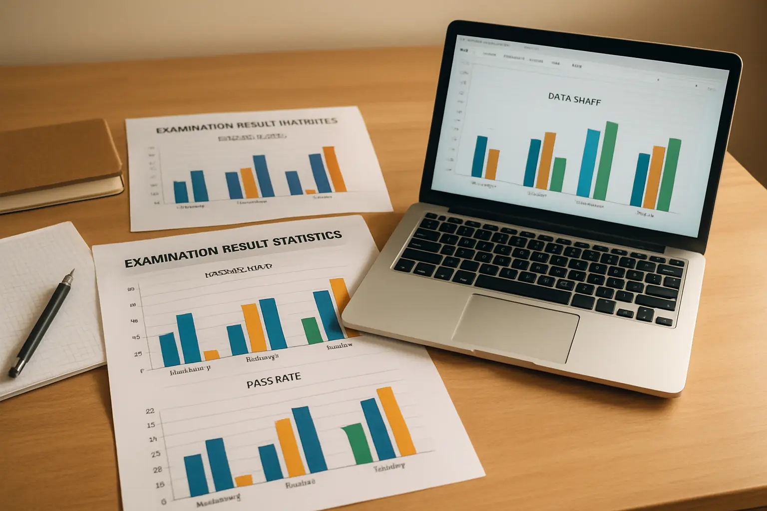Printed examination result statistics sheets and a laptop with charts on a desk