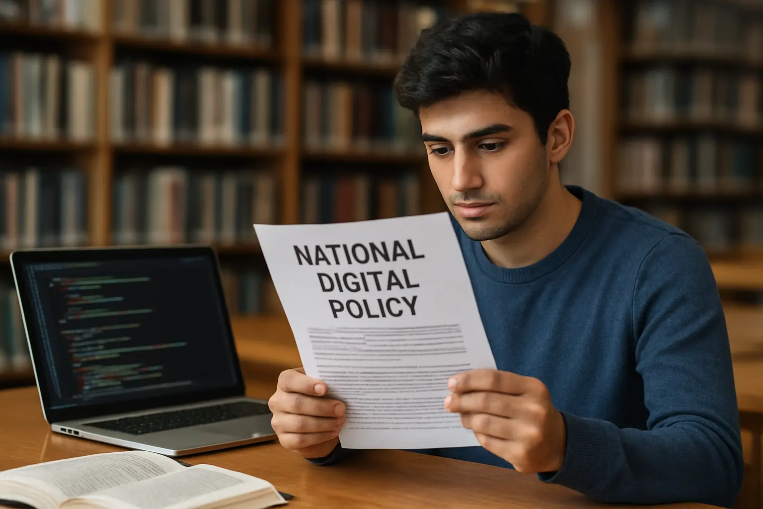 Nigerian computer science student reviewing a national digital policy document alongside code on a second screen