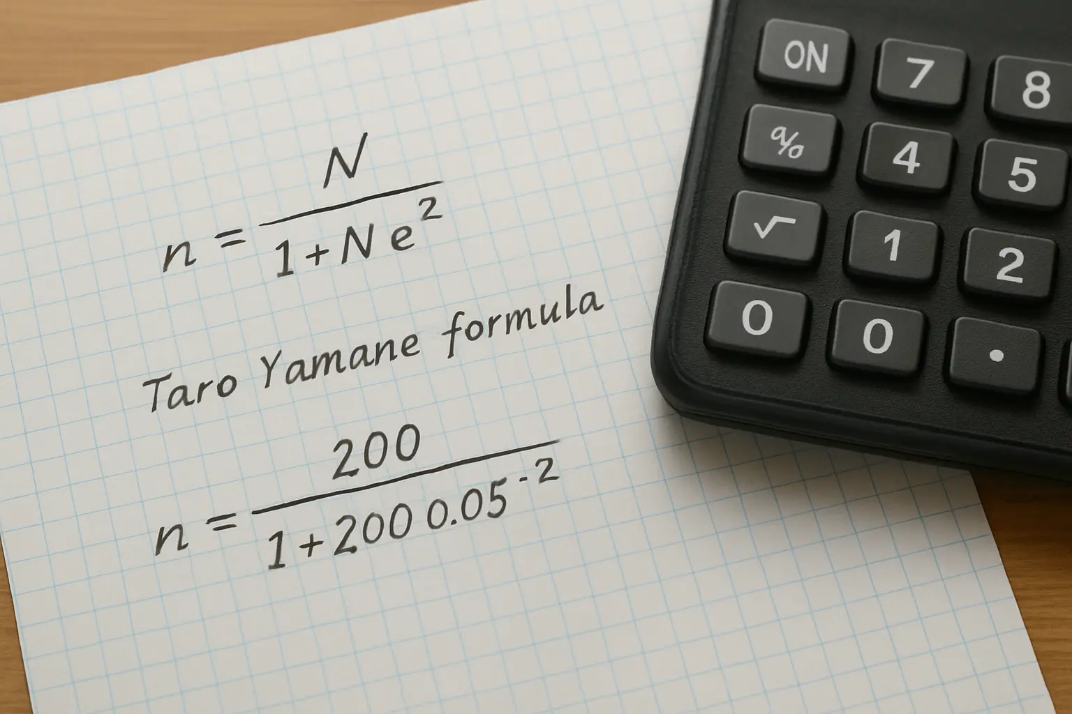 A hand-written Taro Yamane sample-size calculation on graph paper with a calculator nearby