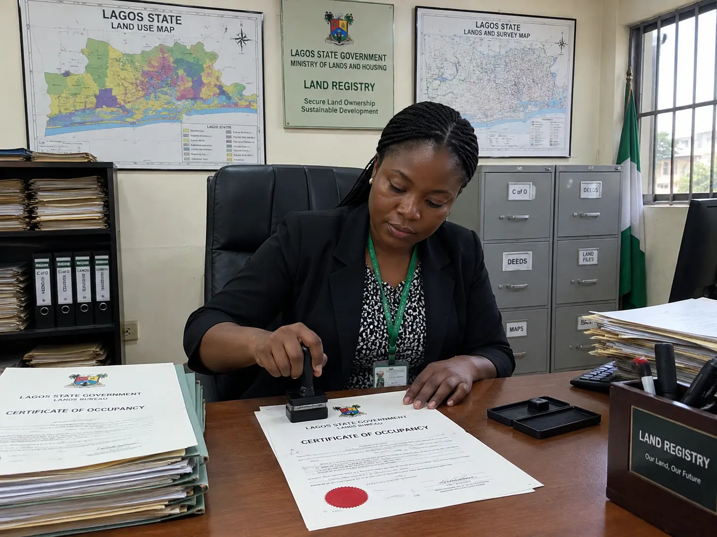 Land registry clerk processing a Certificate of Occupancy at a Nigerian state land bureau