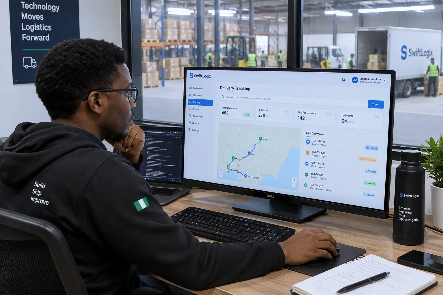 Computer science student working on a delivery-tracking dashboard during a SIWES placement
