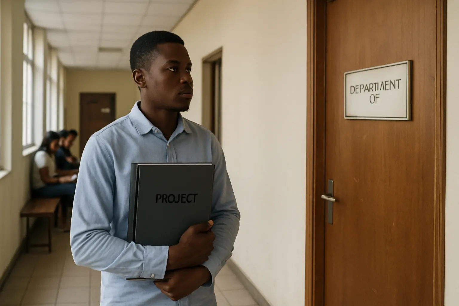 A student waiting outside a departmental office to collect a signature on the certification page