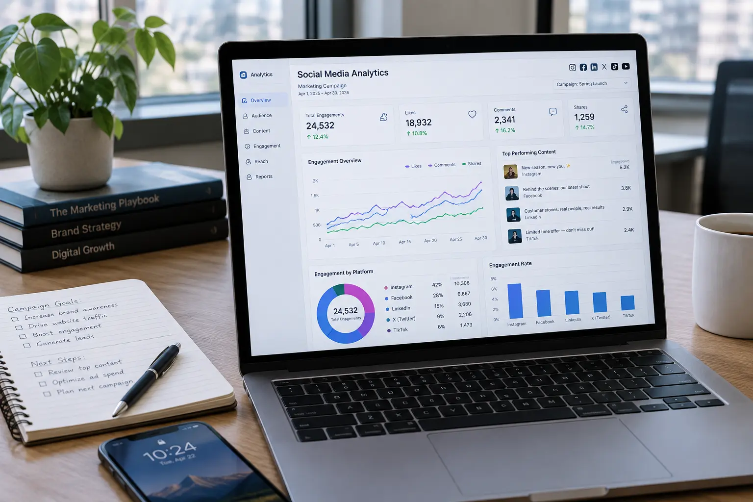 A laptop screen showing social media engagement data for a marketing campaign case study