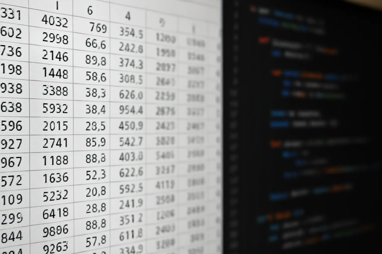Rows and columns of a dataset displayed on a computer screen next to a code editor