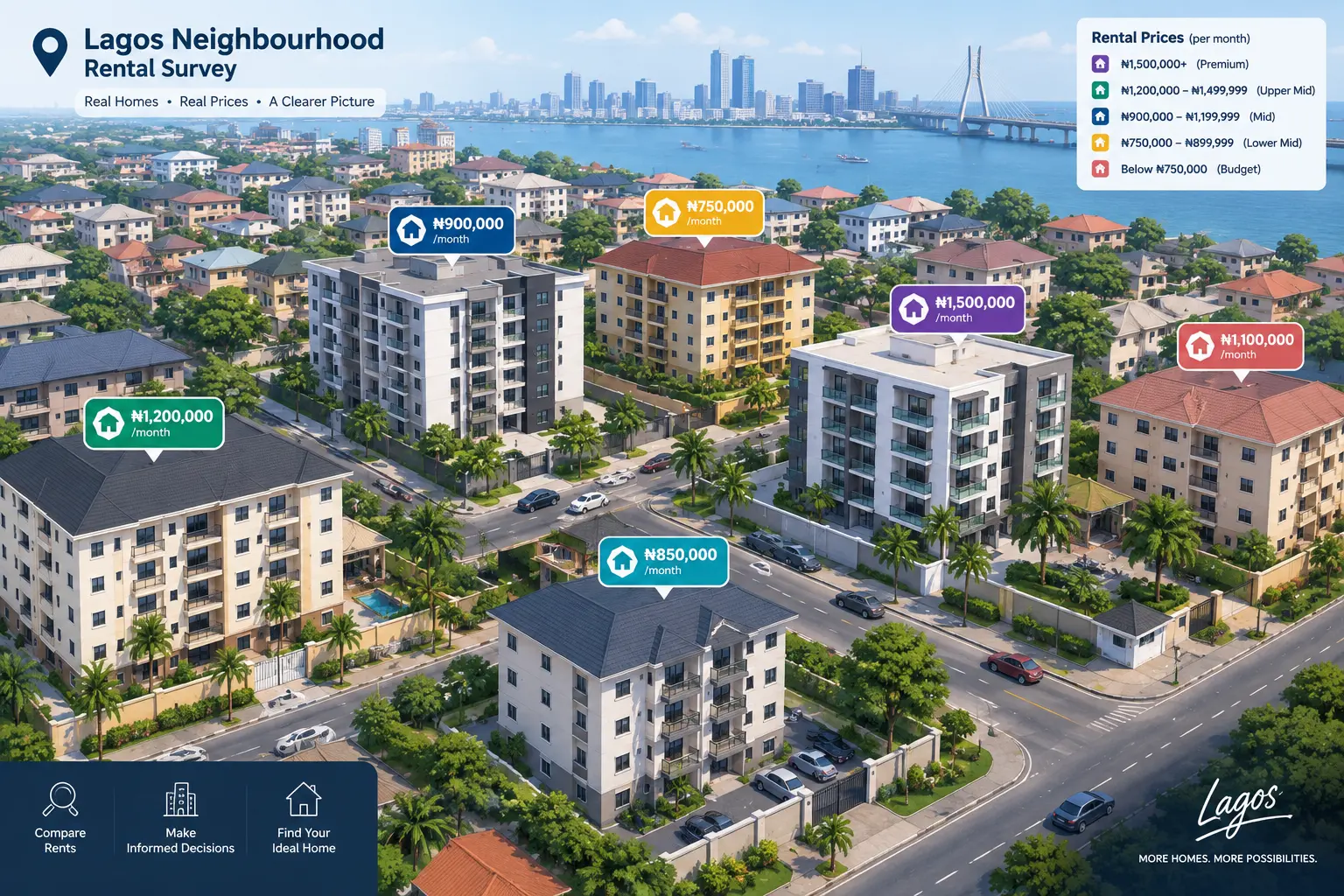 Aerial illustration of a Lagos neighbourhood representing a rental market survey for an estate management project